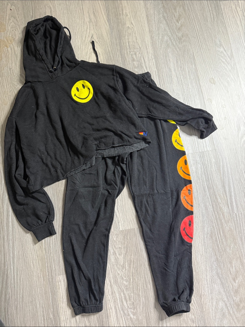 Aviator Nation Black Cropped Hoodie & Jogger Set with Multicolor Smileys